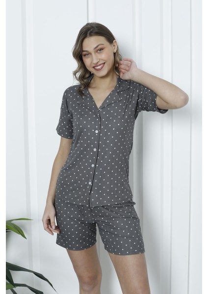 Mirano 1201 Pegasus Kumaş Düğmeli Şortlu Likralı Kadın Pijama Takımı