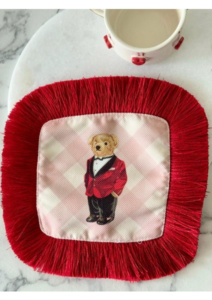 Kahve Yanı Sunum Peçetesi, Kırmızı Ayıcık Desenli Peçete,püsküllü Kokteyl Peçetesi,teddy Bear Peçete