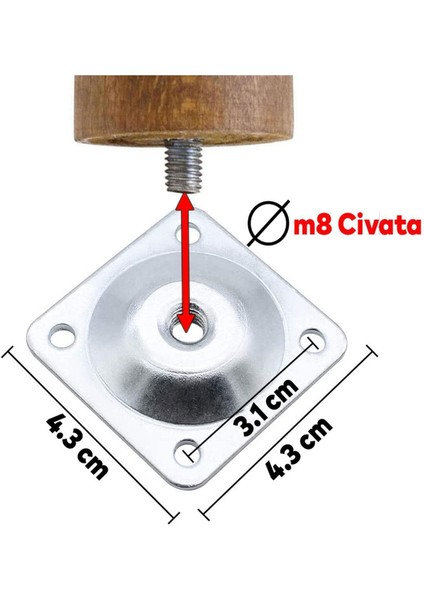 Ahşap (15 CM) Dolap Mobilya Koltuk Kanepe Ayağı Ayakları M8 Civatalı Bağlantı Aparatlı 4'lü Set