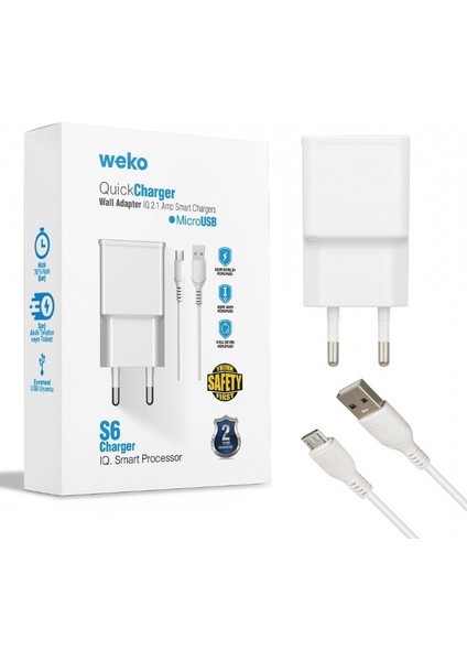 WK-21434 S6 2.1 Amper Şarj Başlık Adaptörü + Mıcro USB Kablo(No:3) Var Yok Universal Beyaz