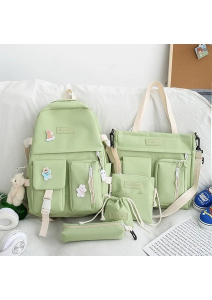 E-Yeşil-5 Adet Tarzı Sırt Çantası 5 Parça Set Lise Sırt Çantaları Genç Kız Anvas Moda Seyahat Kadın Okul Çantalarını Genç Öğrenci Okul Çantası (Yurt Dışından)