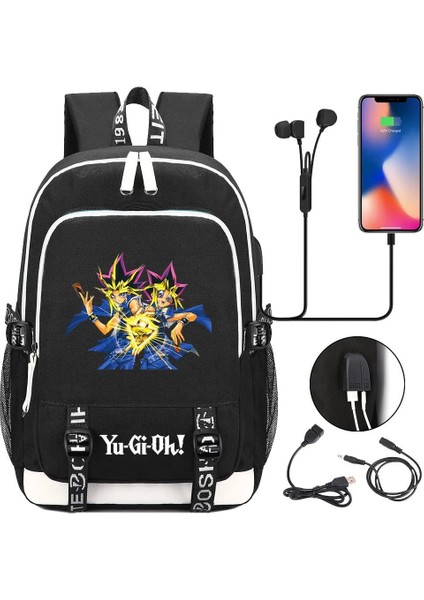 No.15 Tarzı Anime Yu-Gi-Oh Tuval Baskı Sırt Çantası USB Şarj Sırt Çantası Genç Packsack Seyahat Laptop Çantası Öğrenci Fermuar Karikatür Schoolbag (Yurt Dışından)