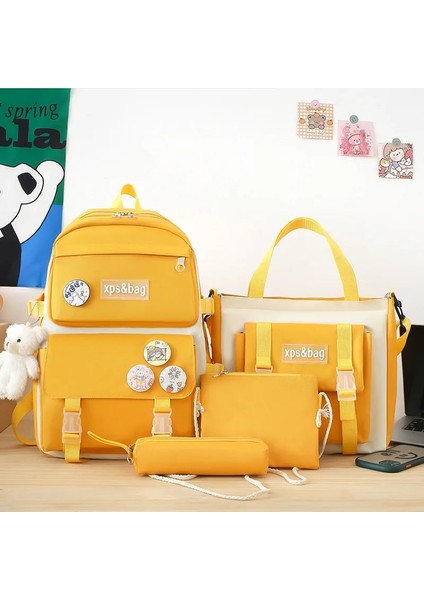Sarı Stil 43X29CM Büyük Kapasiteli Ilköğretim ve Ortaokul Öğrencileri Sırt Çantası Dört Parçalı Set Kızlar Için Sevimli Düz Renk Okul Sırt Çantası (Yurt Dışından)