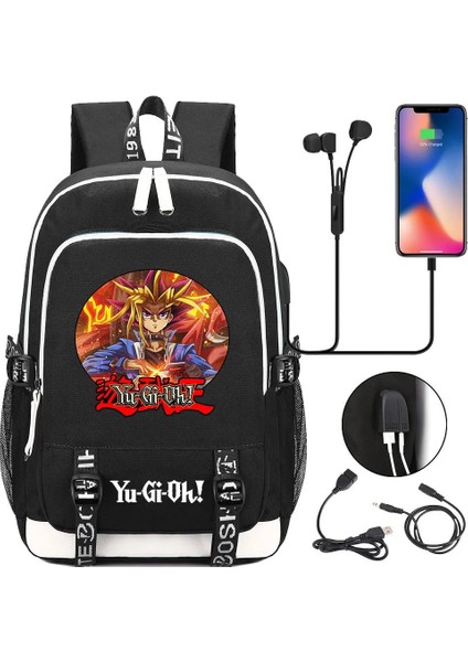 No.14 Tarzı Anime Yu-Gi-Oh Tuval Baskı Sırt Çantası USB Şarj Sırt Çantası Genç Packsack Seyahat Laptop Çantası Öğrenci Fermuar Karikatür Schoolbag (Yurt Dışından)