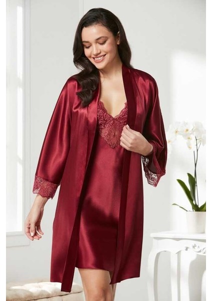 Saten Dantelli Gecelik Sabahlık Takım 4280 Bordo
