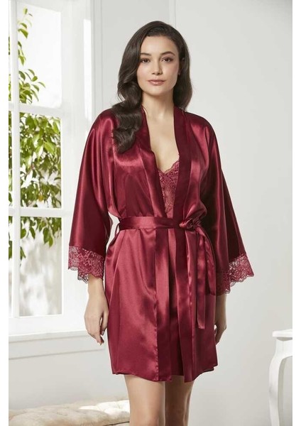 Saten Dantelli Gecelik Sabahlık Takım 4280 Bordo fiyatları