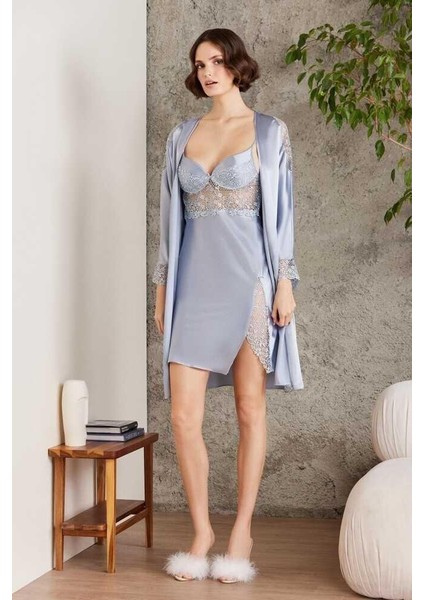 Saten Gecelik Sabahlık Pijama Şort Takım 6'lı Çeyiz Seti 6000 Mist