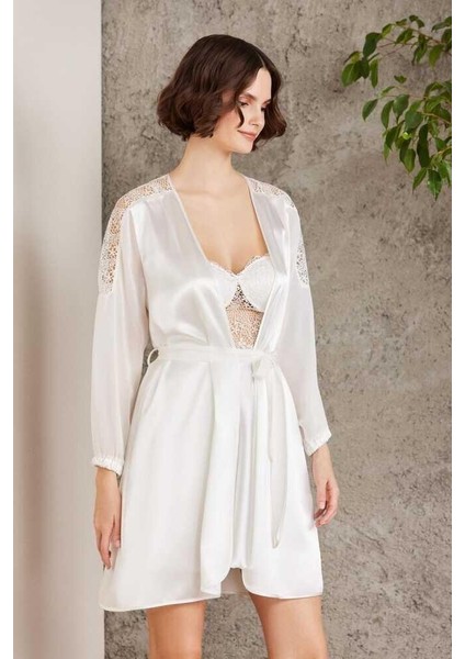 Saten Gecelik Sabahlık Pijama Şort 6'lı Gelin Çeyiz Seti Ekru 6005