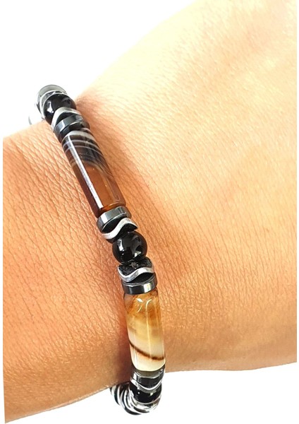 Akik Oniks ve Hematit Taşlı El Işi Tasarım Doğal Taş Bileklik fiyatları