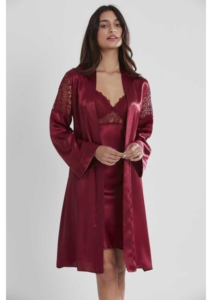 6'lı Saten Gecelik Sabahlık Çeyiz Seti 6955 Bordo
