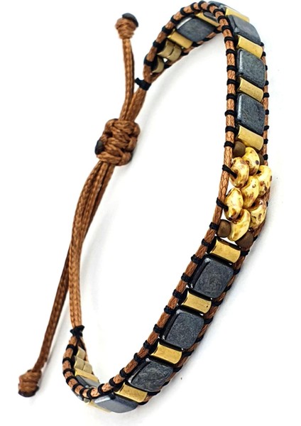 Akik Ve Hematit Taşlı El.işi Tasarım Doğal Taş Ayarlanabilir Bileklik