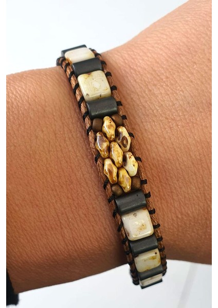 Akik Ve Hematit Taşlı El.işi Tasarım Doğal Taş Ayarlanabilir Bileklik