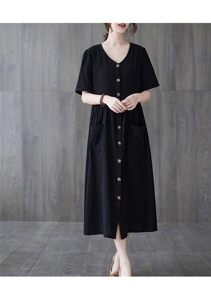 Keten Günlük Rahat V Yaka Beli Büzgü Detaylı Düğmeli Elbise modelleri