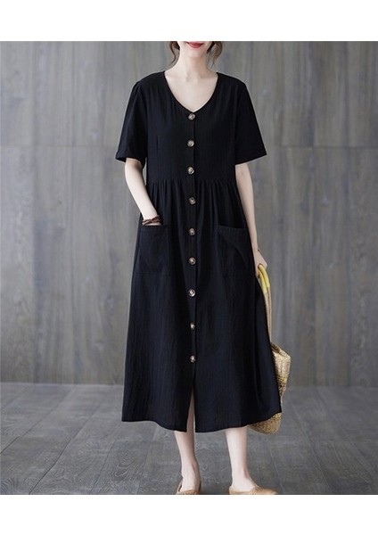 Keten Günlük Rahat V Yaka Beli Büzgü Detaylı Düğmeli Elbise fırsatları