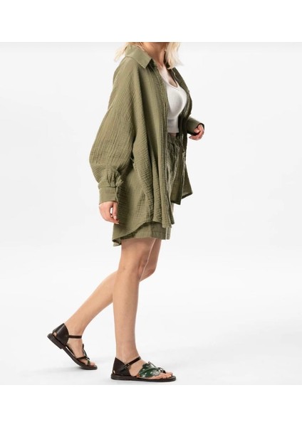 Kadın Pamuk Müslin Kumaş Gömlek Uzun Kollu