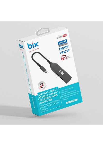 BX03HB MAX 4in1 Type-C Hub 4K@30Hz HDCP HDMI, PD Port, 2x USB, Macbook Uyumlu Çoklayıcı Adaptör