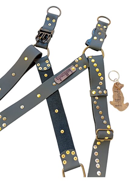 Köpek göğüs tasması deri antrasit renk metal zımba işlemeli genişlik:3cm göğüs ölçüsü:60-90cm ayarlanabilir dog harness GT1-31