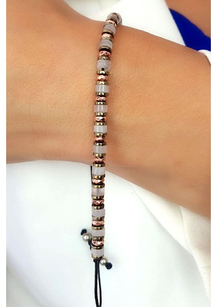 Pembe Kuvars ve Hematit Taşlı El Işi Tasarım Doğal Taş Bileklik fiyatları