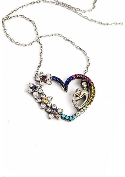 Renkli zirkon taşlı gümüş anne kolyesi