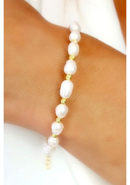 Doğal Barok Incili 925AYAR Gümüş Üzerine Altın Kaplama Dorika Detaylı Tasarım El Işi Inci Bileklik