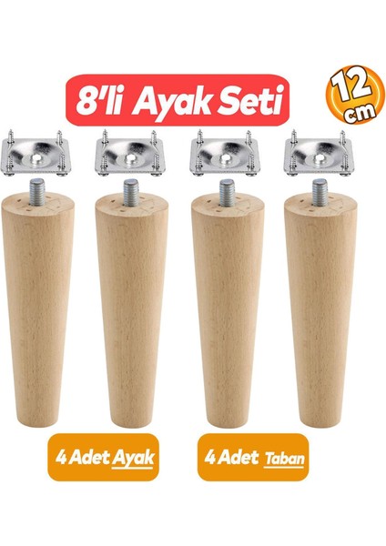 Ahşap Dolap Mobilya Koltuk Kanepe Ayağı Ayakları M8 Civatalı 12 Cm Bağlantı Aparatlı 4'lü Set