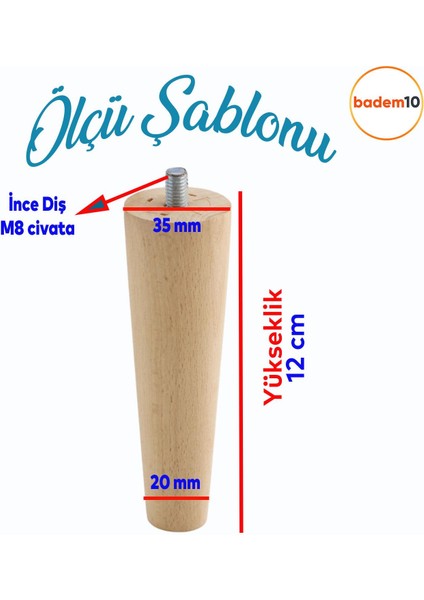 Ahşap Dolap Mobilya Koltuk Kanepe Ayağı Ayakları M8 Civatalı 12 Cm Bağlantı Aparatlı 4'lü Set