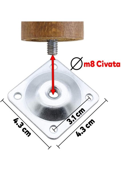 Ahşap Dolap Mobilya Koltuk Kanepe Ayağı Ayakları M8 Civatalı 12 Cm Bağlantı Aparatlı 4'lü Set