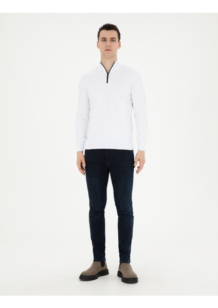 Pierre Cardin Erkek Ekru Slim Fit Fermuarlı Dik Yaka Triko Kazak 50279383-VR019