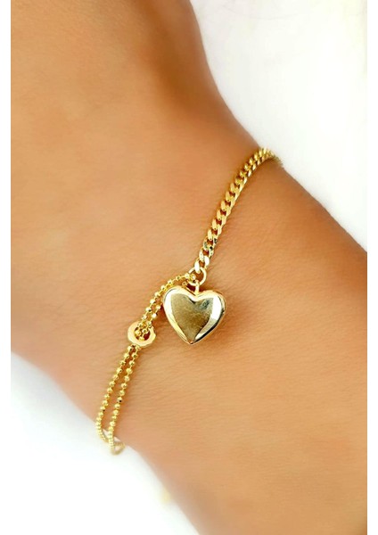 Italyan 925AYAR Gümüş Üzerine Altın Kaplama Tasarım Bombeli Kalp Detaylı Bileklik