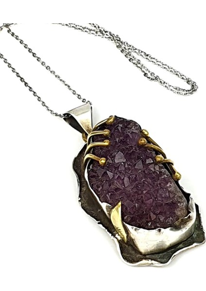 İşlenmemiş Ametist taşlı gümüş el işi tasarım kolye modelleri