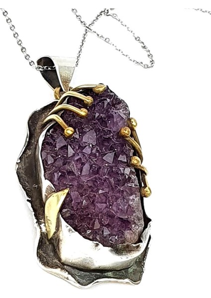 İşlenmemiş Ametist taşlı gümüş el işi tasarım kolye fırsatları