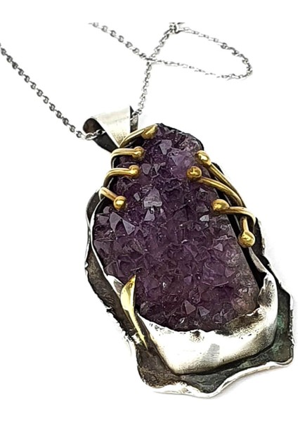 İşlenmemiş Ametist taşlı gümüş el işi tasarım kolye indirimleri