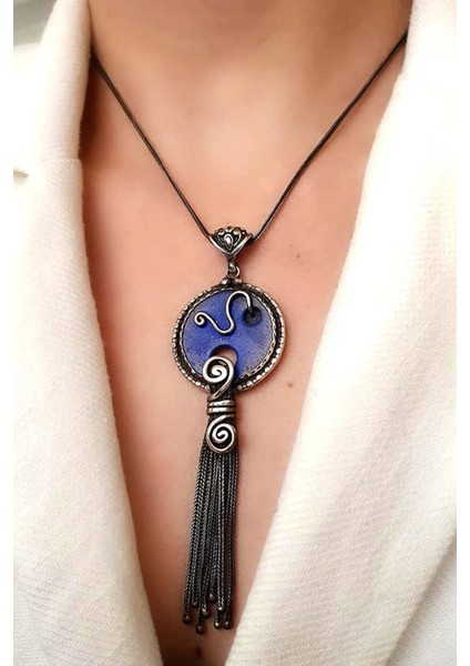 Lapis taşlı gümüş tasarım el işi kolye