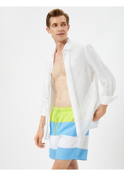 Deniz Şortu Renk Bloklu Beli Bağcıklı Cepli