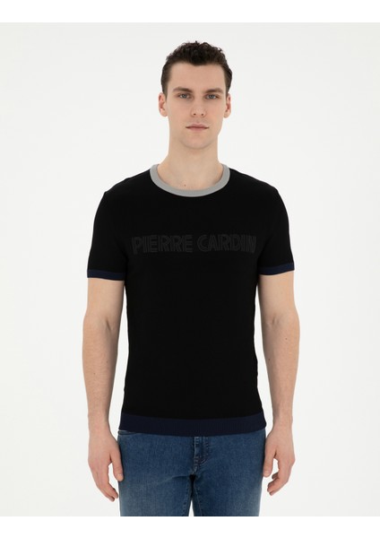 Erkek Siyah Slim Fit Bisiklet Yaka Triko Tişört 50288086-VR046