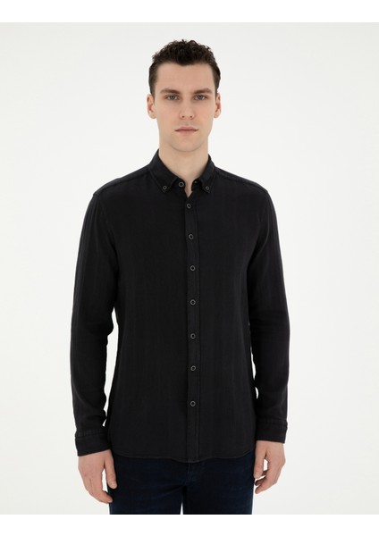 Erkek Siyah Regular Fit Uzun Kollu Gömlek 50284407-VR046