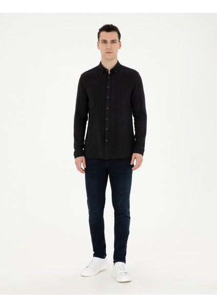 Erkek Siyah Regular Fit Uzun Kollu Gömlek 50284407-VR046