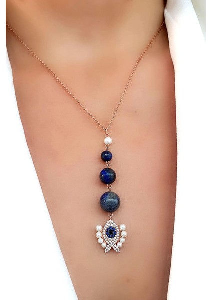 Kum Inci Detaylı Lapis Lazuli Taşlı 925AYAR Gümüş Üzerine Rose Altın Kaplama Ayarlanabilir Asansörlü Trend Balık Kolye