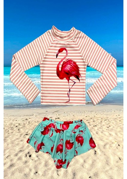 Yeni Sezon Karakter Desenli Uv-Güneş Korumalı Uzun Kol Üst Mini Etek Altı Fırfırlı Bikini Takımı