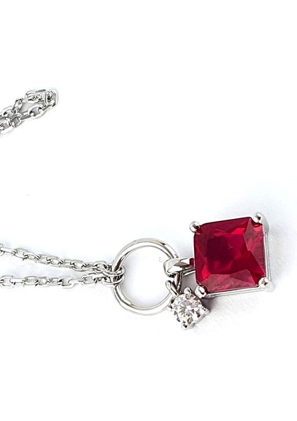 Sky Diamond Red Creative Rubies 925AYAR Gümüş Şık Kare Baget Kolye fiyatları