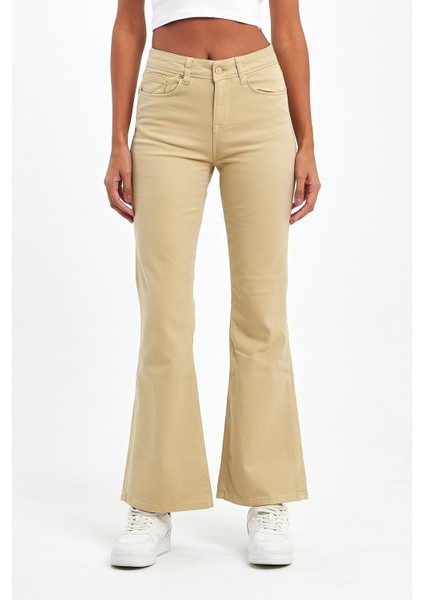 - Kadın Bej Likralı 5 Cep Flare Pantolon
