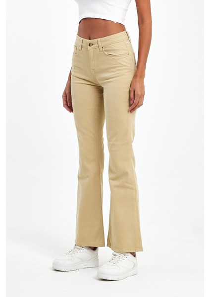- Kadın Bej Likralı 5 Cep Flare Pantolon fiyatları