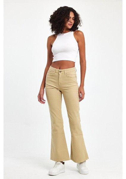 - Kadın Bej Likralı 5 Cep Flare Pantolon fırsatları