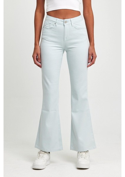 - Kadın Buz Mavi Likralı 5 Cep Flare Pantolon