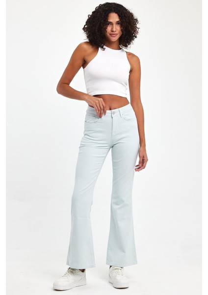 - Kadın Buz Mavi Likralı 5 Cep Flare Pantolon indirimleri