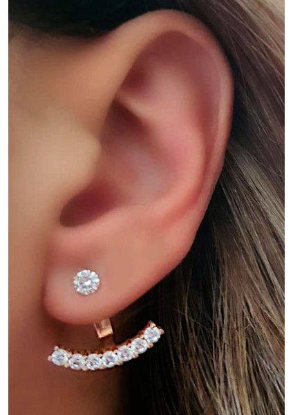 Zirkon taşlı gümüş rose cift earcuff kupe