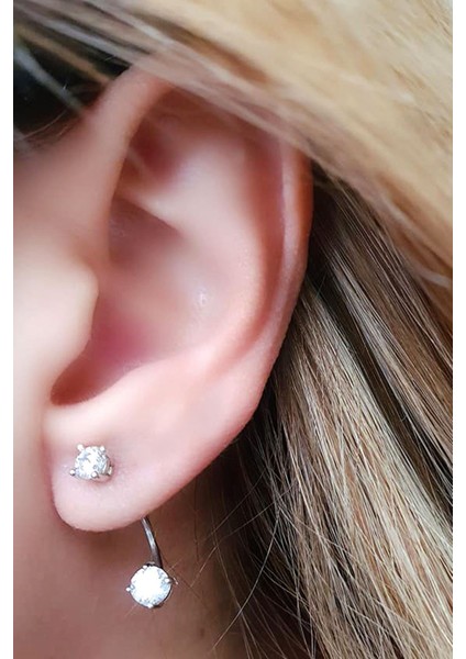 Tek taş gümüş earcuff cift küpe