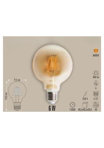 Rustik LED Ampul Glop Uzun Fılament Gün Işığı 6W