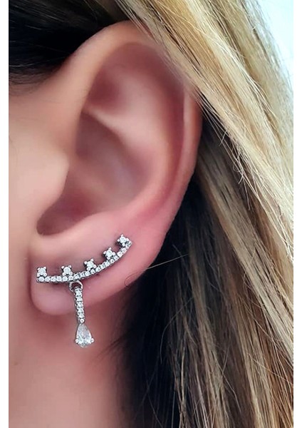 pırlanta ışıltısında zirkon taşlı gümüş earcuff tek küpe