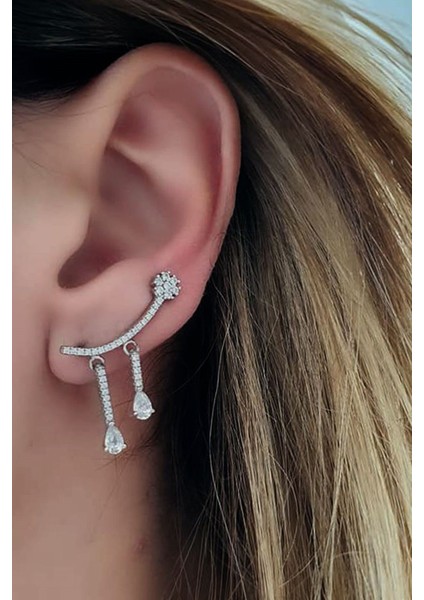 pırlanta ışıltısında zirkon taşlı gümüş earcuff tek küpe